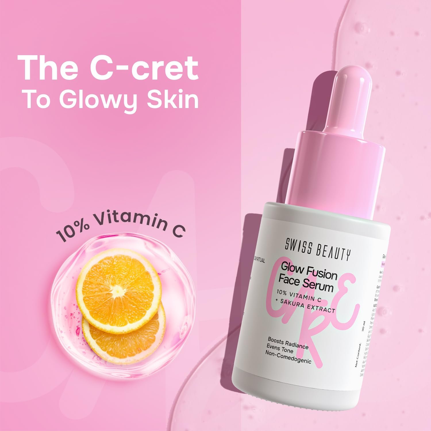 Swiss Beauty Care Glow Fusion Face Serum | Bright & Glowy | 10% Vitamin C & Sakura Extract | Non-Sticky | 30ml - Image 2