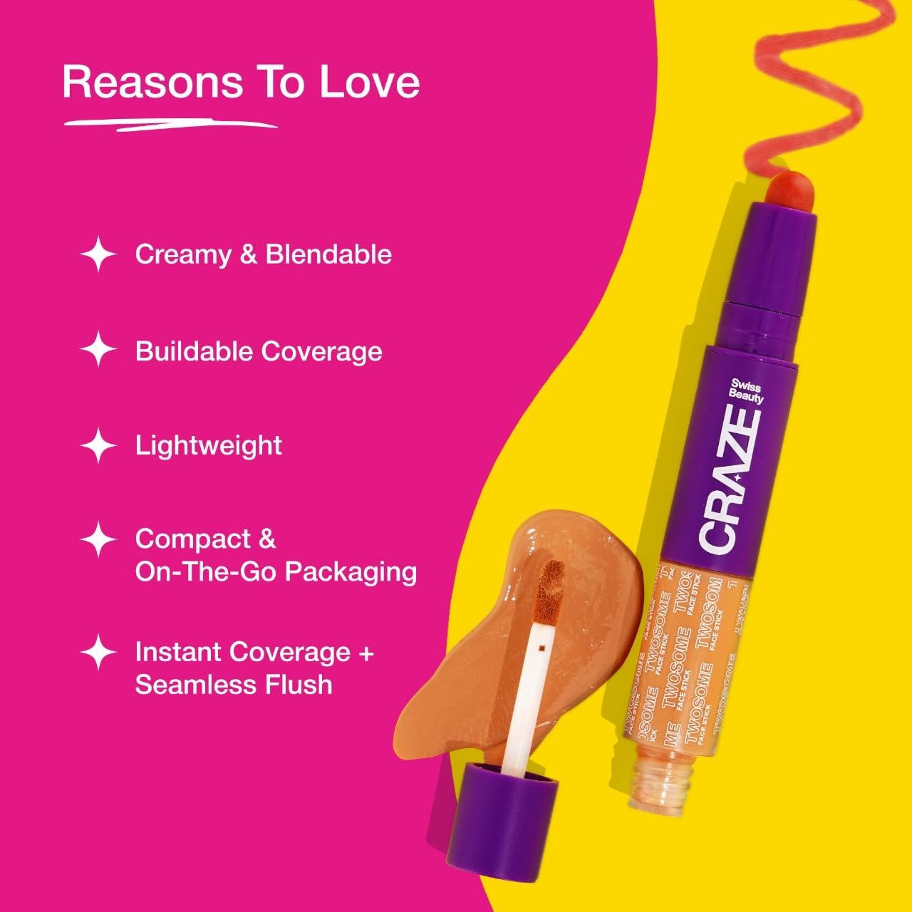 Swiss Beauty CRAZE Twosome Lightweight Face Stick | 2-in 1 Liquid Concealer and Creamy Blush - Image 2