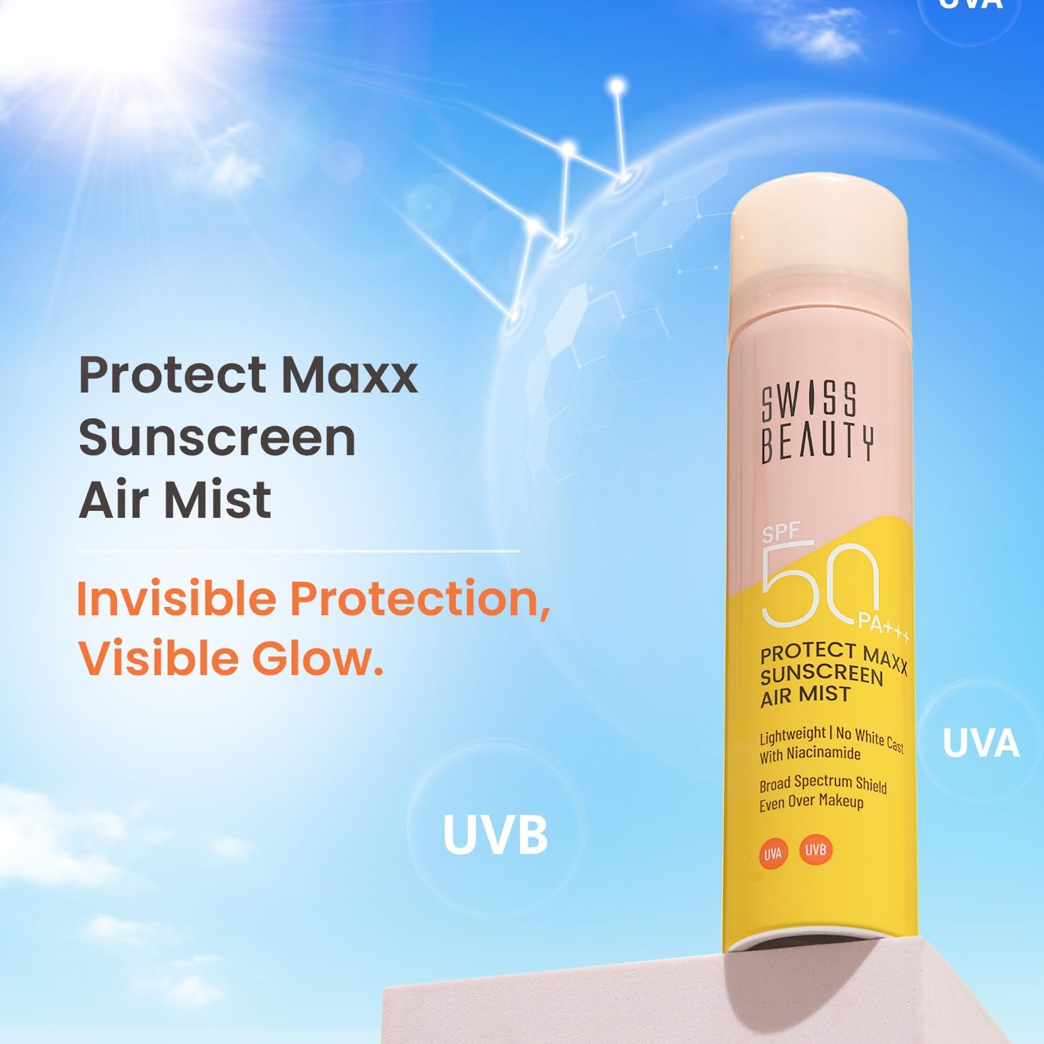 SWISS BEAUTY Protect Maxx Sunscreen Air Mist | SPF 50 PA+++ | With Niacinamide | UVA+UVB Protection For All Skin Type | Even Over Makeup | For Face & Body | 80ml