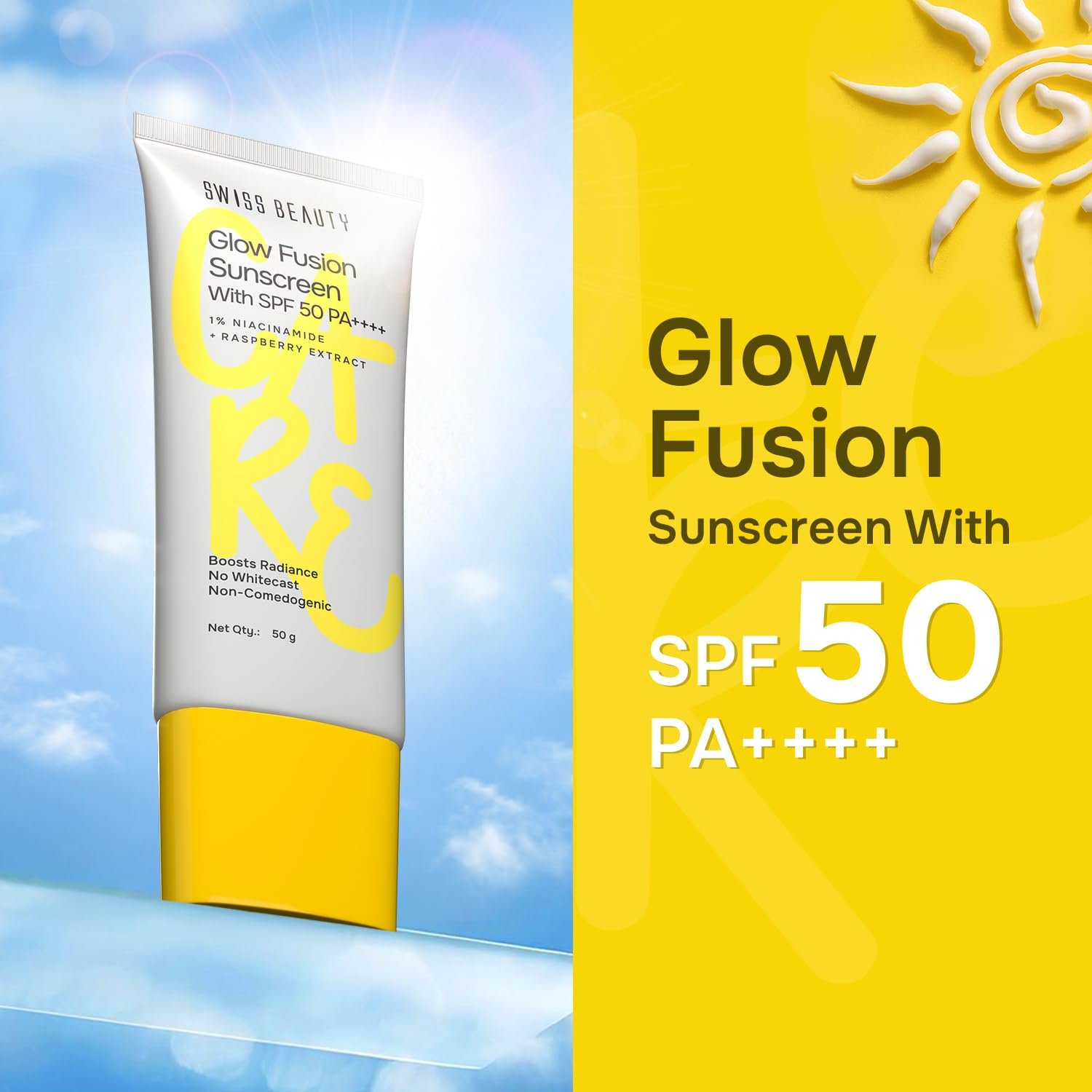 Swiss Beauty Care Glow Fusion Sunscreen SPF50 PA++++ | 1% Niacinamide & Raspberry Extract | Boosts Radiance | Fights Premature Signs Of Aging | 50gm