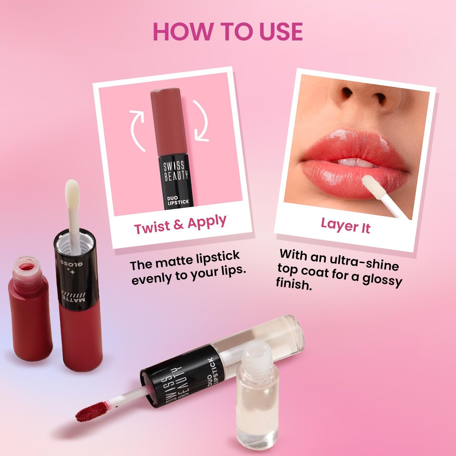 Swiss Beauty Duo Lipstick | Matte smudge-proof Liqud Lipstick + Transparent glossy Lipgloss | Transfer -proof and Long lasting | Shade-Kiss Of Pink, 10ml - Image 3