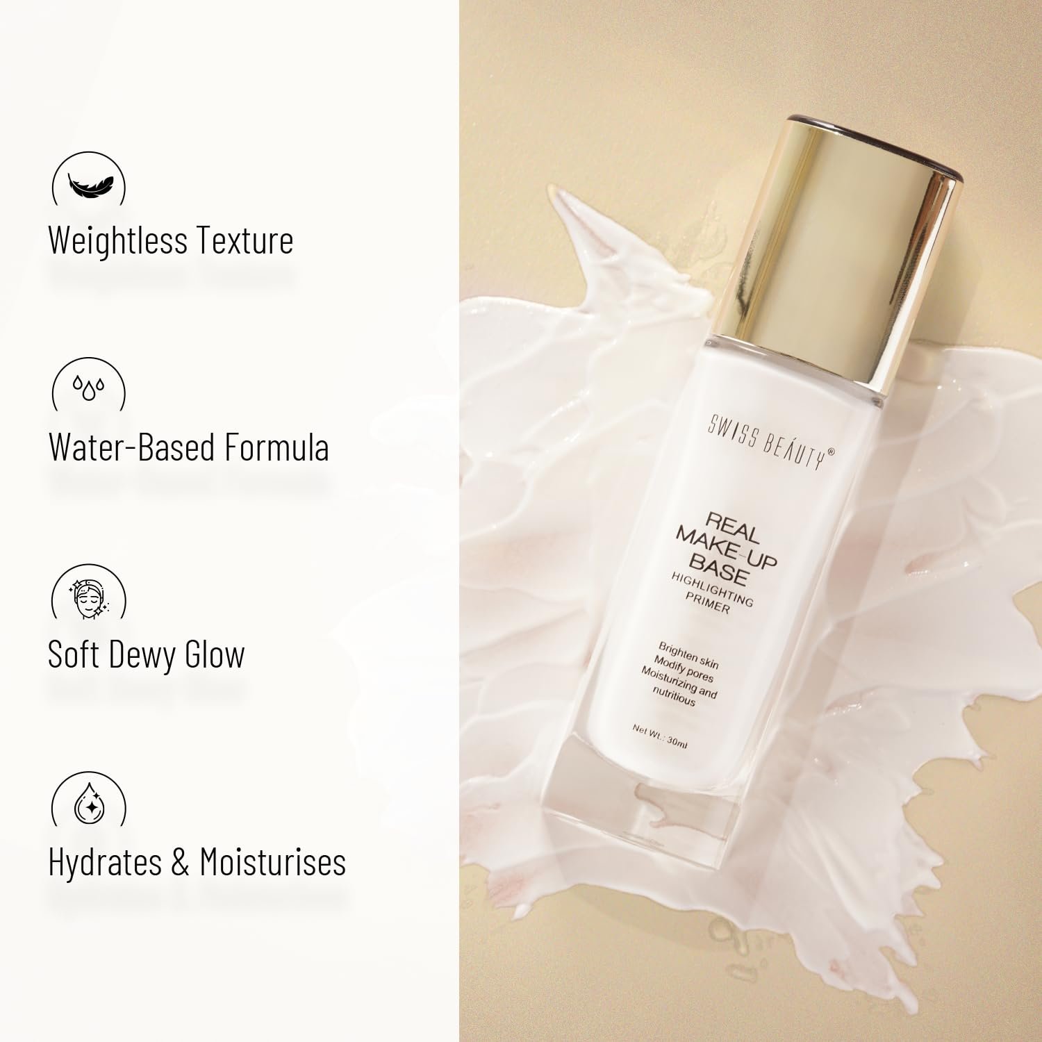 Swiss Beauty Real Makeup Base Highlighting Primer| Skin-Hydrating Poreless Primer With Natural Glow Finish For Face Makeup |Shade - 03 Pink Tint, 32Ml - Image 2