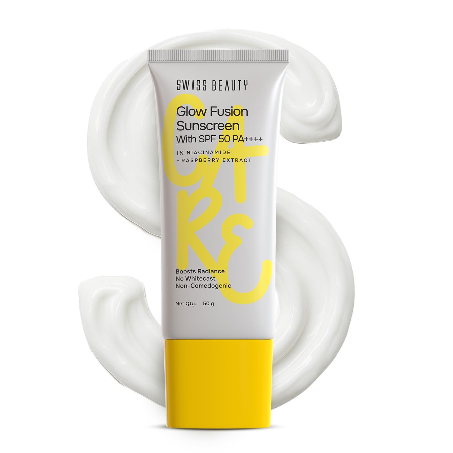 Swiss Beauty Care Glow Fusion Sunscreen SPF50 PA++++ | 1% Niacinamide & Raspberry Extract | Boosts Radiance | Fights Premature Signs Of Aging | 50gm