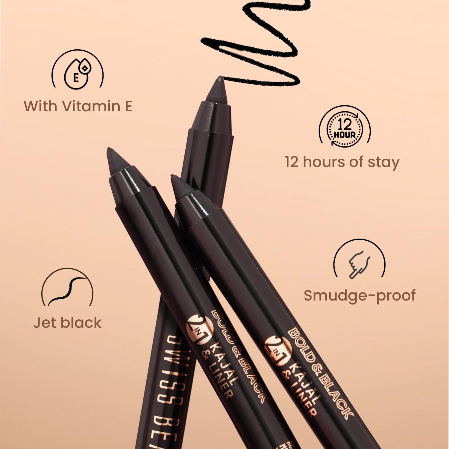 Swiss Beauty Bold & Black Kajal 24Hours Wear, Eye Makeup, Black, 1.2G - Image 2