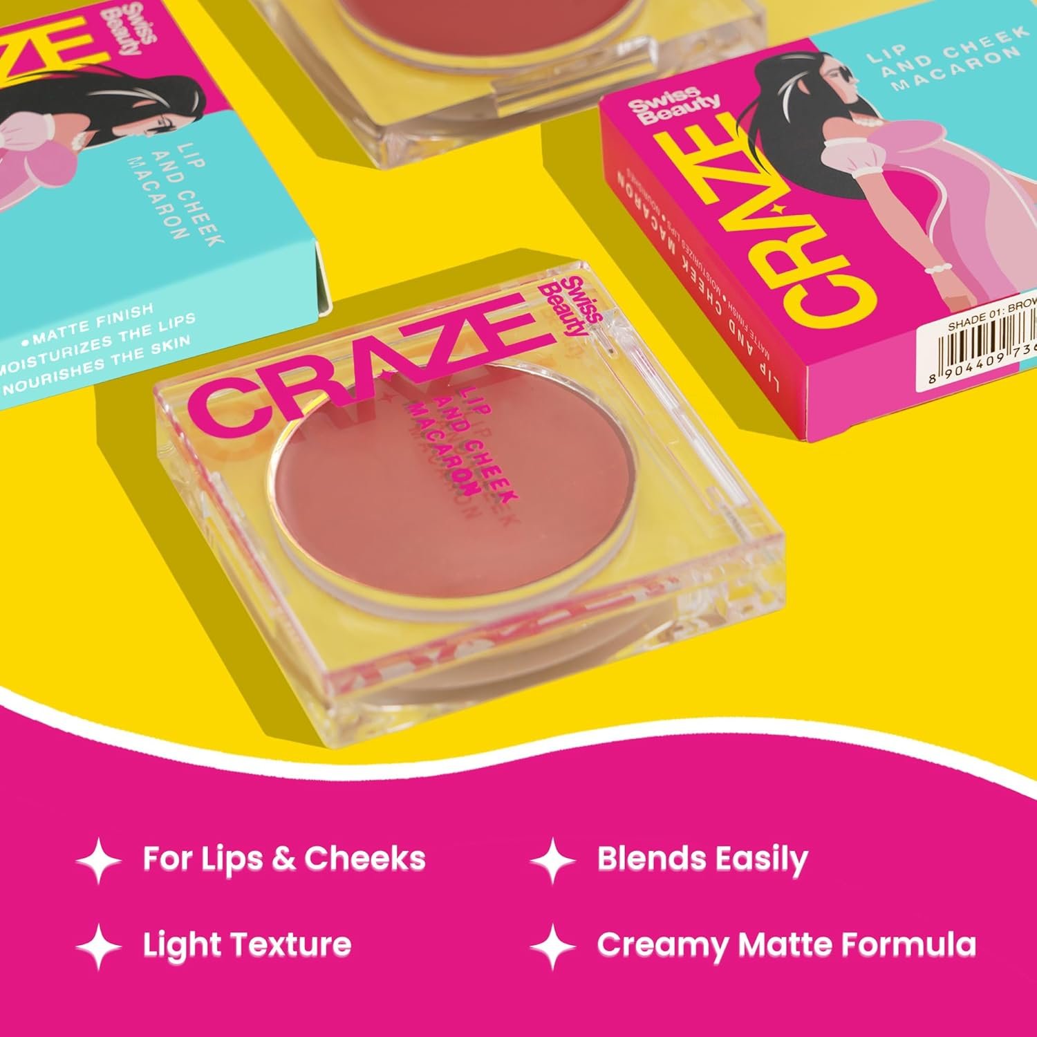 Swiss Beauty Craze Lip and Cheek Macaron | Multi- Purpose, lightweight Cream tint with Vitamin E and Olive oil | Shade- Strawberry, 3gm - Image 3