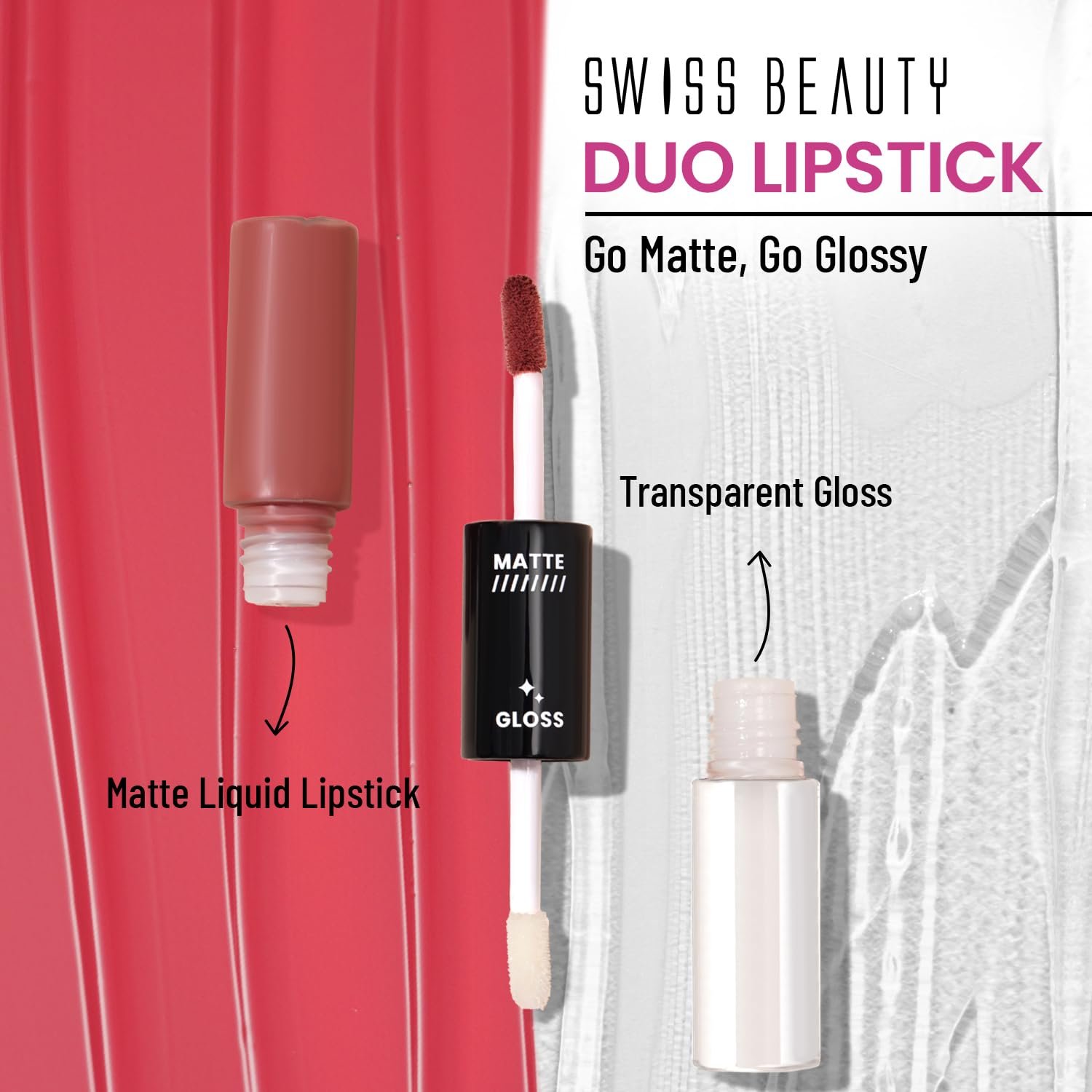 Swiss Beauty Duo Lipstick | Matte smudge-proof Liqud Lipstick + Transparent glossy Lipgloss | Transfer -proof and Long lasting | Shade-Kiss Of Pink, 10ml