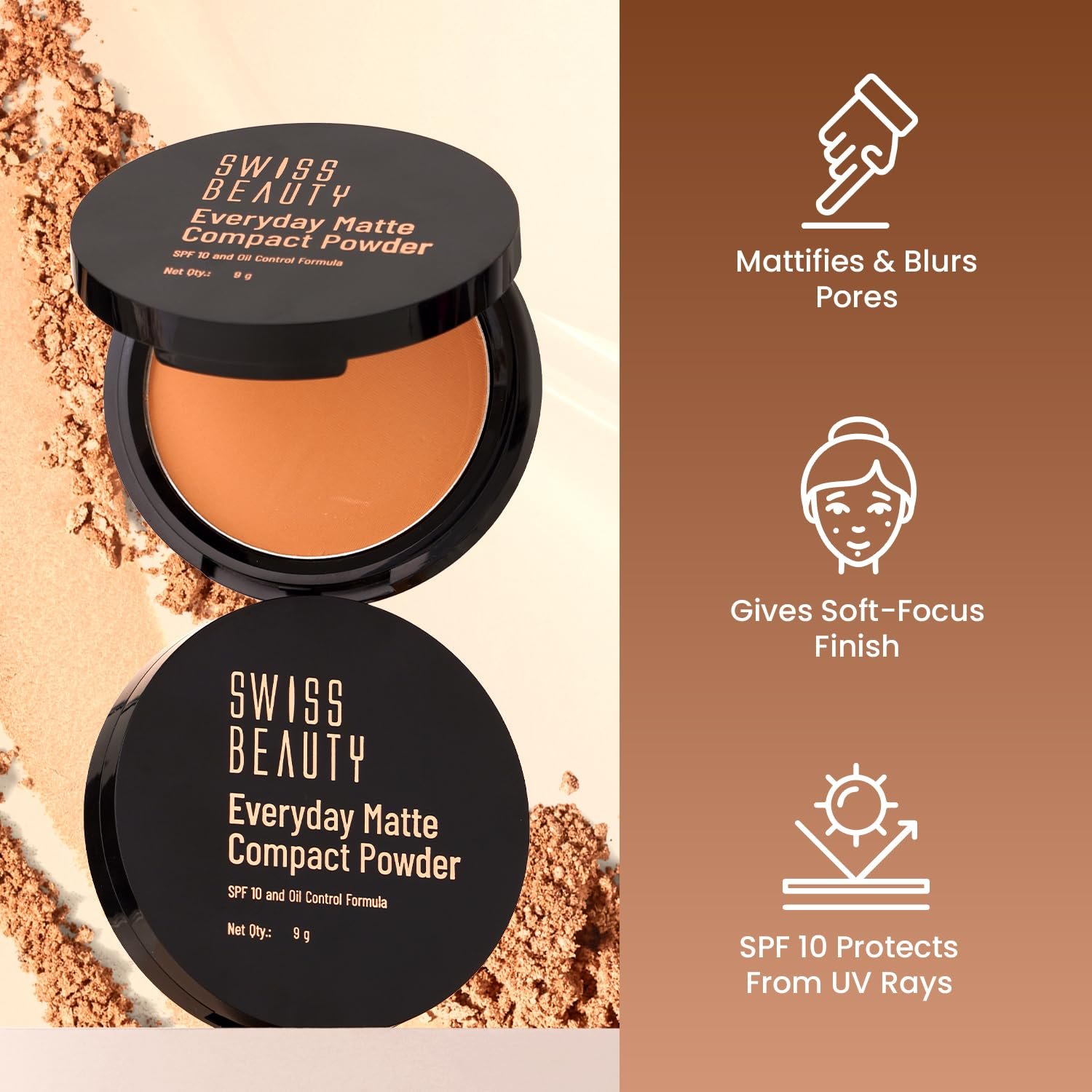 Swiss Beauty Everyday Matte Compact with SPF 10 | Oil-Control Formula | Blurs Pores | Soft-Focus Finish | Enriched with Vitamin E | Shade- 01 Cashew, 9g - Image 3