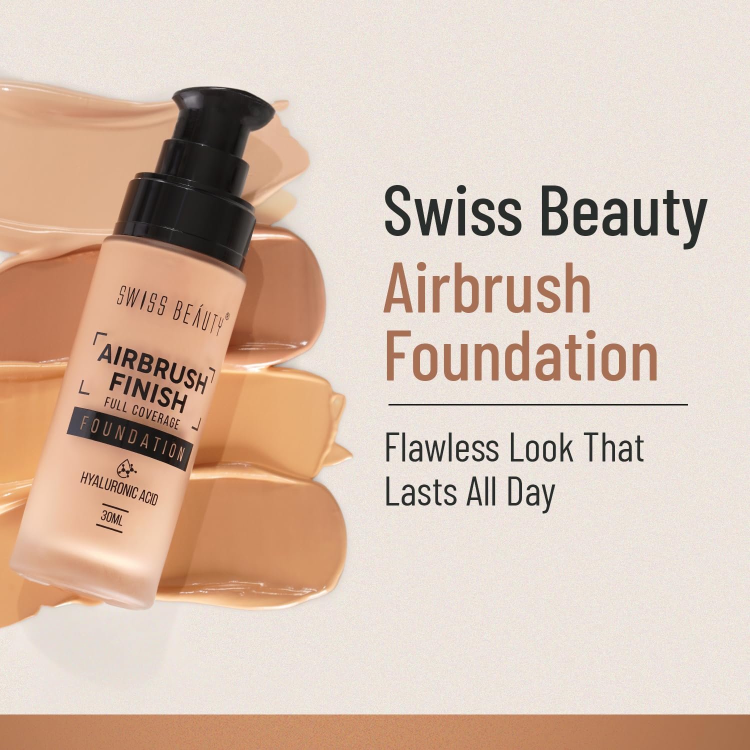 Swiss Beauty Airbrush Finish Full Coverage Foundation | Full Coverage Up To 8 Hours | Waterproof & Lightweight | Natural Matte Finish | Long-Lasting Wear | Enriched with Hyaluronic Acid | For All Skin Types | Dermatologically Tested | Shade- 02 Fair Ivory, 30ml