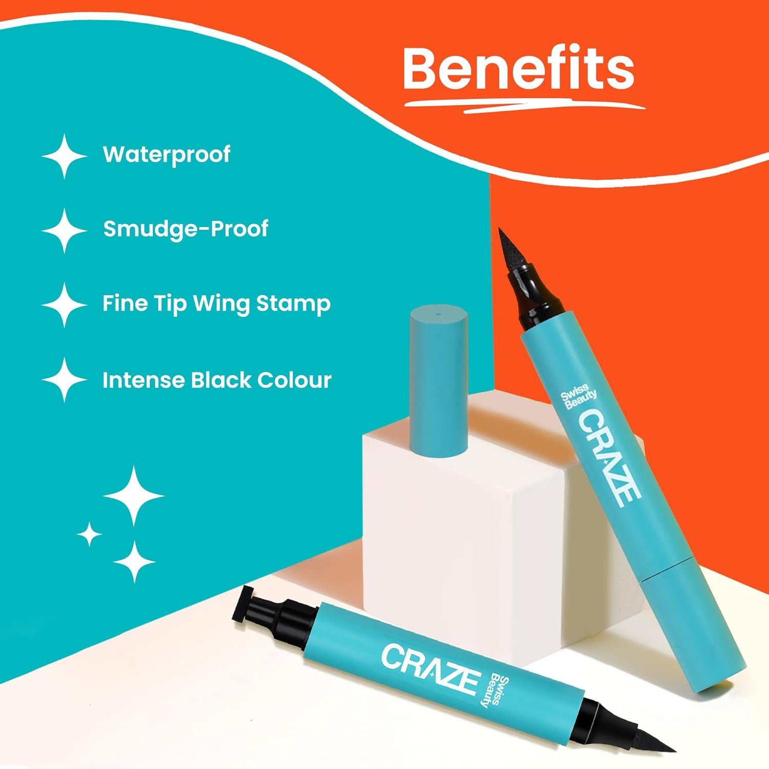 SWISS BEAUTY Craze 2-N 1 Gel Semi-Matte Eyeliner With Wing Stamp | Waterproof And Smudgeproof Eyeliner With Fine Tip For Precise Application | Black, 2.8Ml - Image 3