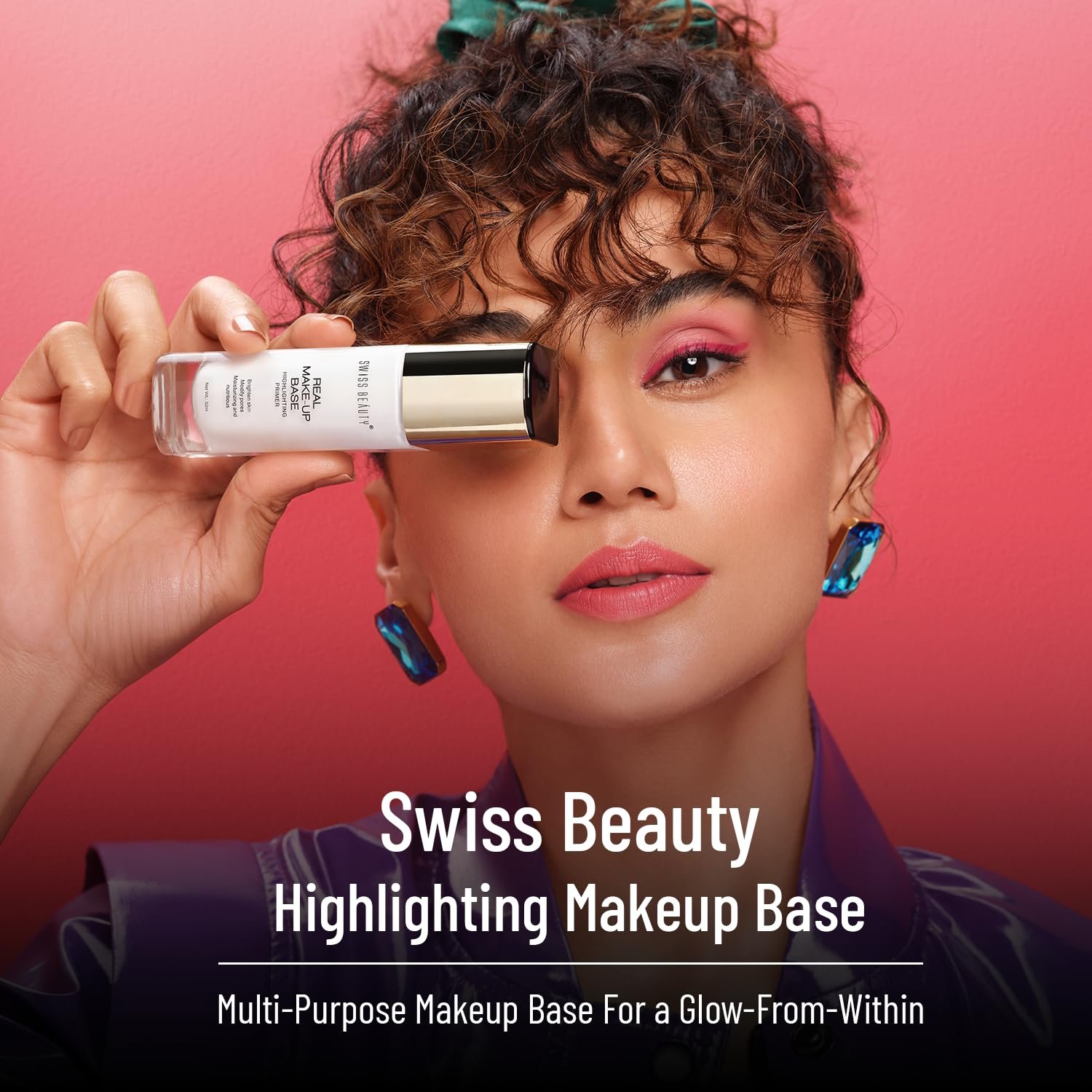 Swiss Beauty Real Makeup Base Highlighting Primer| Skin-Hydrating Poreless Primer With Natural Glow Finish For Face Makeup |Shade – 03 Pink Tint, 32Ml