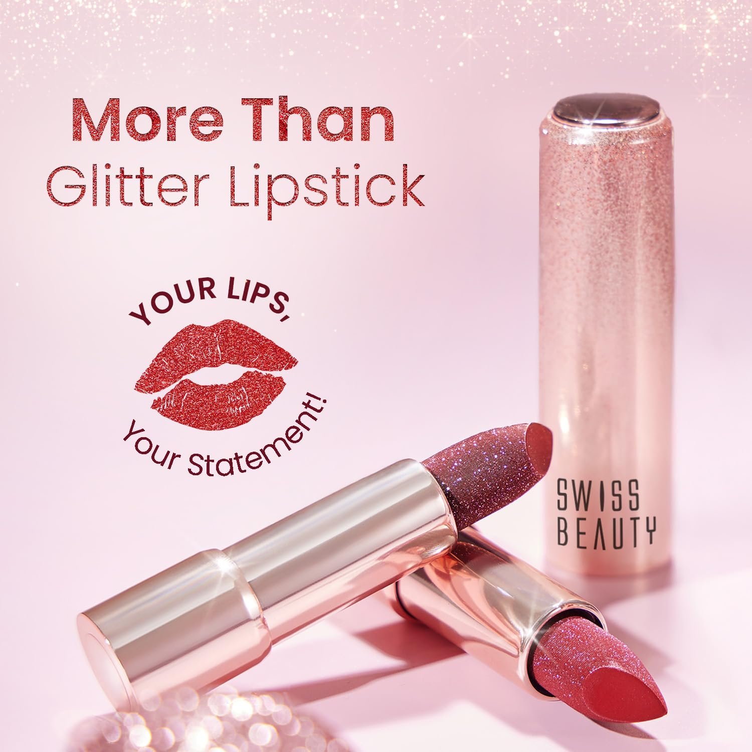 Swiss Beauty More Than Glitter Lipstick | Glittery Finish | Nourishing | With Vitamin C | One Swipe Smooth Glide | Shade- 3 Glimmer Coral, 3gm