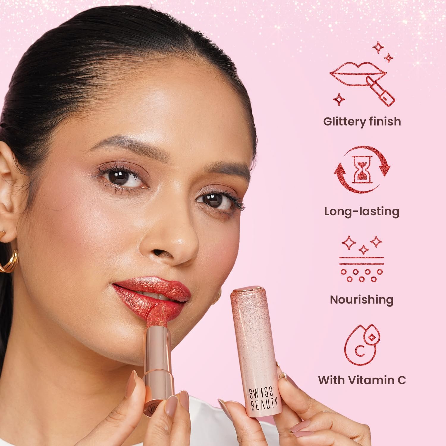 Swiss Beauty More Than Glitter Lipstick | Glittery Finish | Nourishing | With Vitamin C | One Swipe Smooth Glide | Shade- 3 Glimmer Coral, 3gm - Image 2