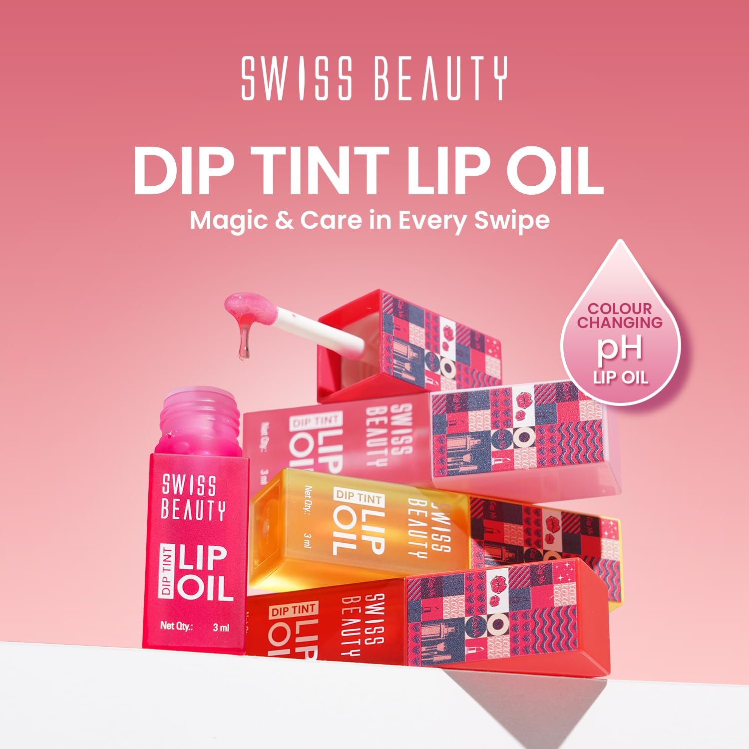 Swiss Beauty Dip Tint Lip Oil | Colour-Changing Lip Oil | Glossy Finish | Long-Lasting Moisturisation | Enriched with Vitamin E | Shade-03 Peach, 3ml