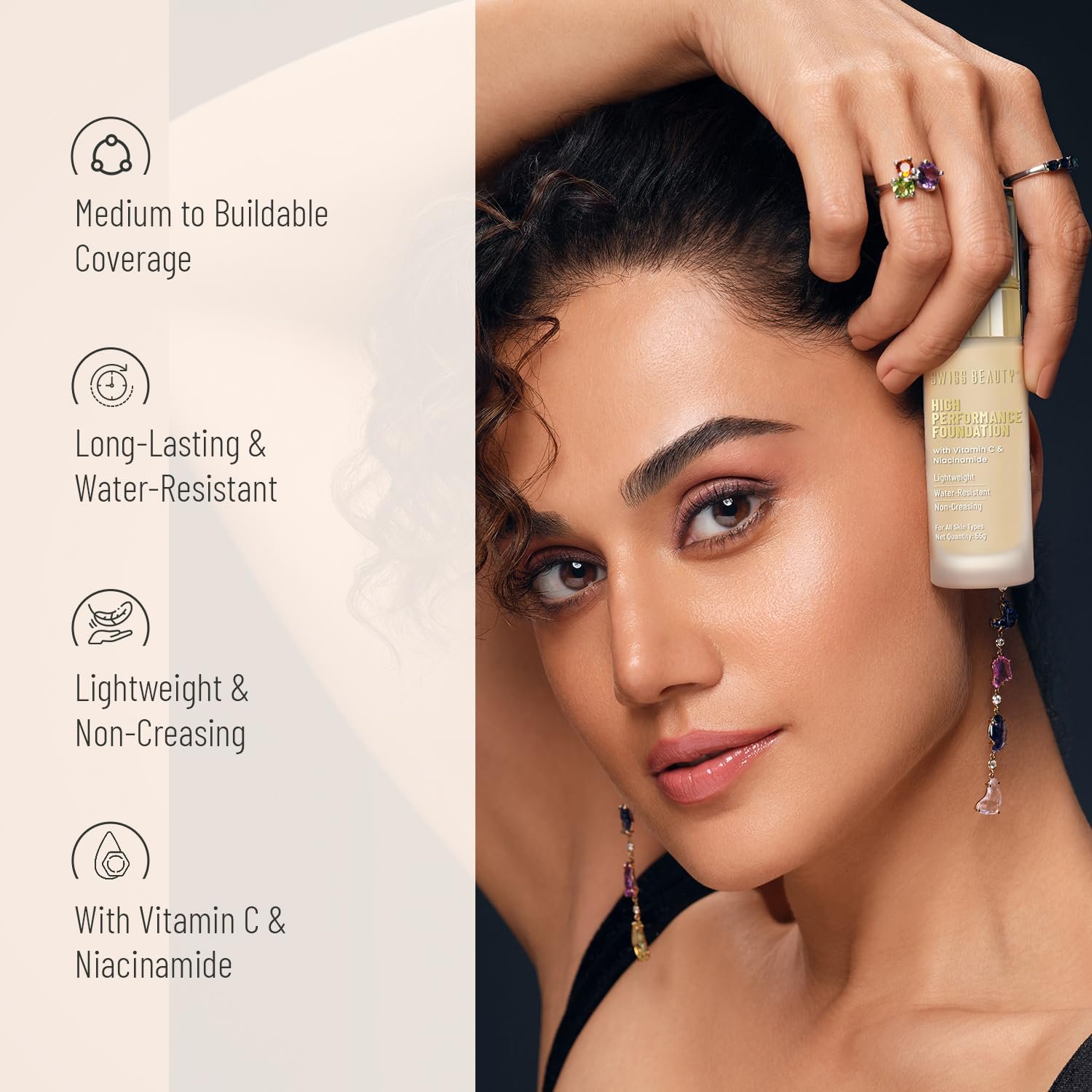 Swiss Beauty High Performance Foundation | Water-Resistant | Medium To Buildable Coverage Liquid Dewy Finish | Lightweight | Easy To Blend | With Vitamin C & Niacinamide | 04 Natural Nude, 55G - Image 2