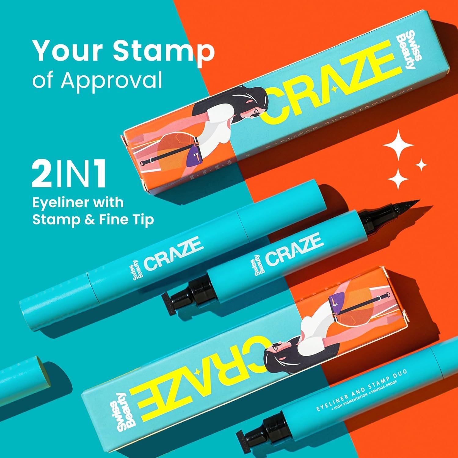 SWISS BEAUTY Craze 2-N 1 Gel Semi-Matte Eyeliner With Wing Stamp | Waterproof And Smudgeproof Eyeliner With Fine Tip For Precise Application | Black, 2.8Ml - Image 1