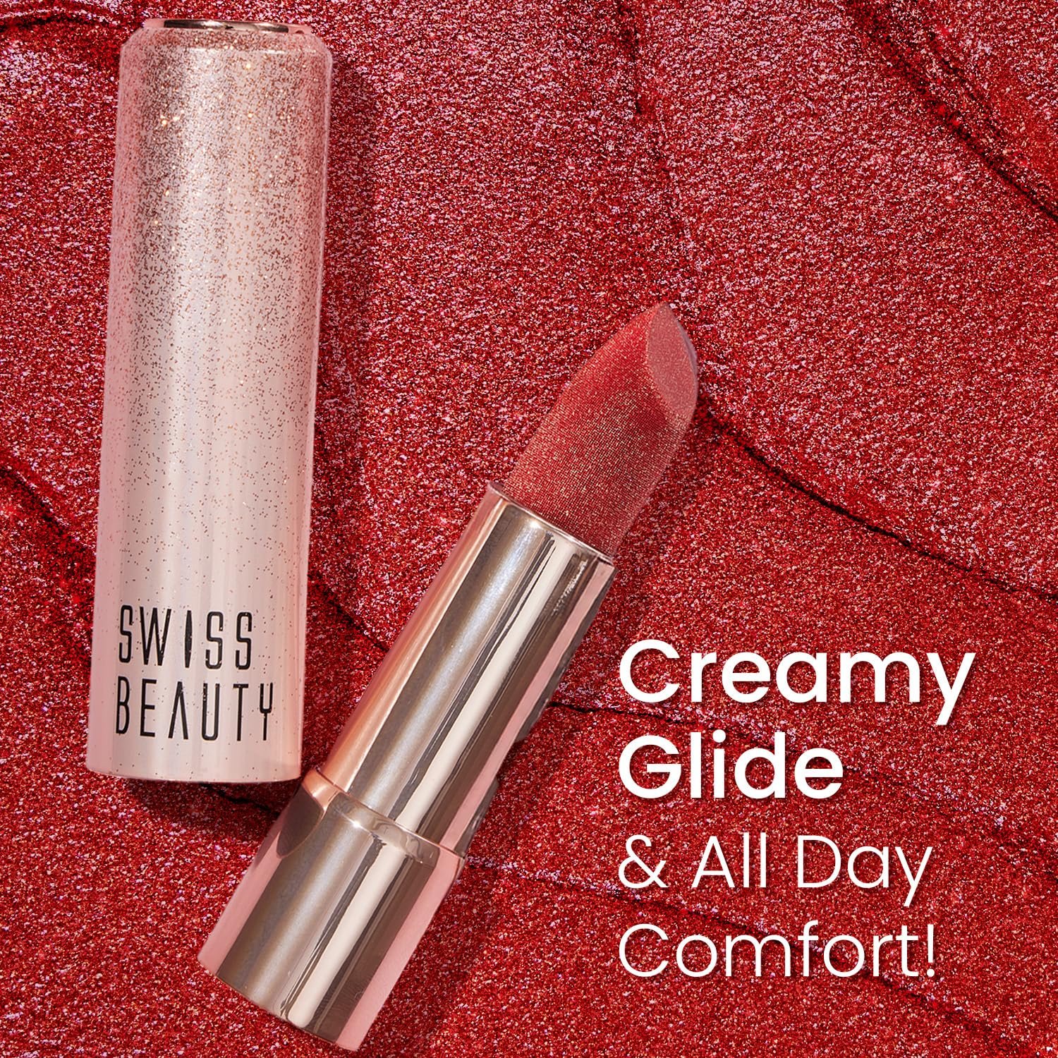 Swiss Beauty More Than Glitter Lipstick | Glittery Finish | Nourishing | With Vitamin C | One Swipe Smooth Glide | Shade- 3 Glimmer Coral, 3gm - Image 4