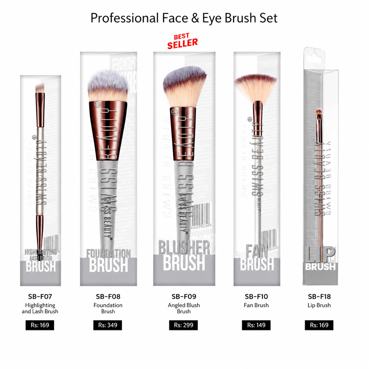 Swiss Beauty Professional Face & Eye Brush Set (SB-F07, SB-F08, SB-F09, SB-F10 & SB-F18)