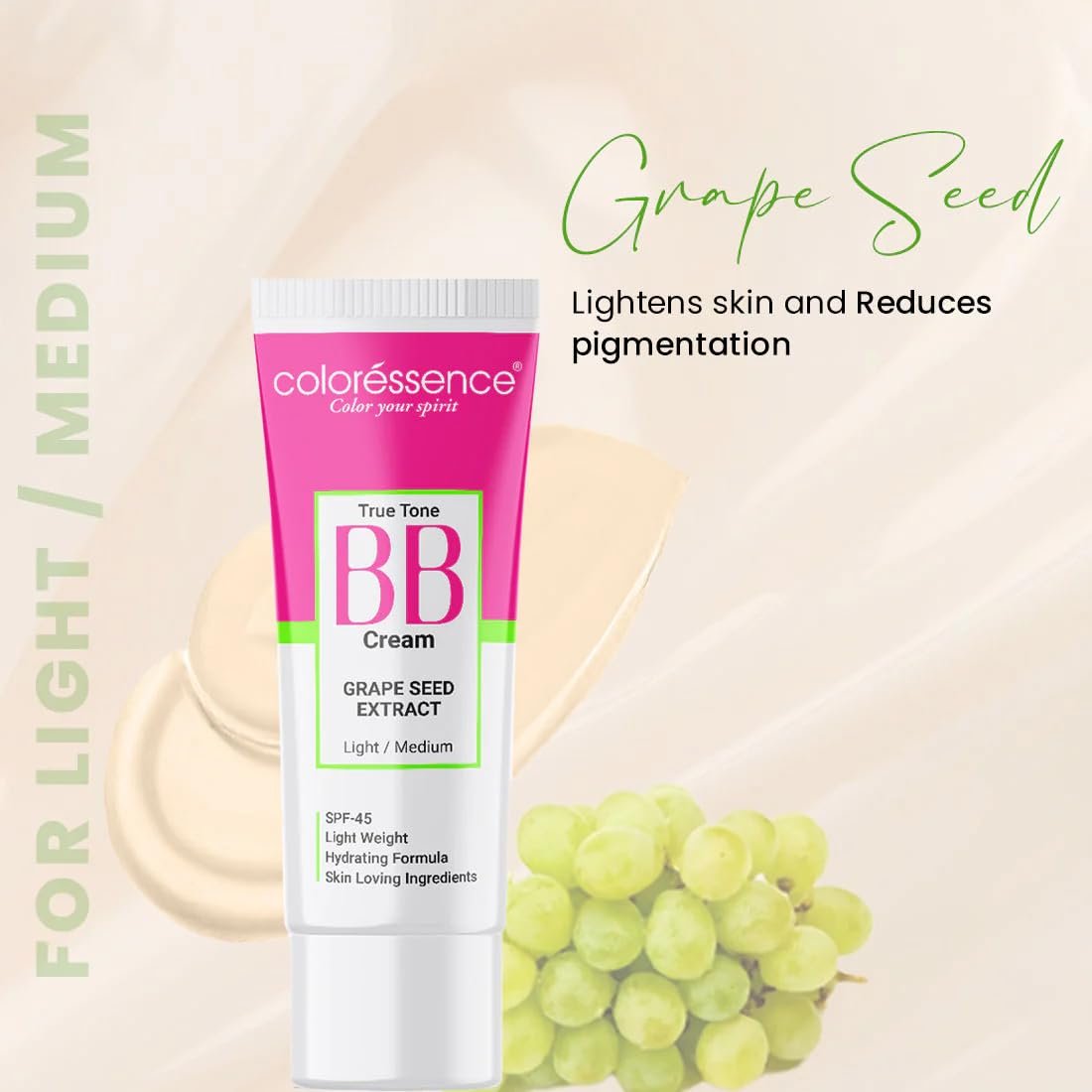 Coloressence True Tone BB Cream with SPF-45, Grape Seed, 30gm | Light/Medium Skin Tone | Lightweight | For All Skin Types | Hydrating Formula