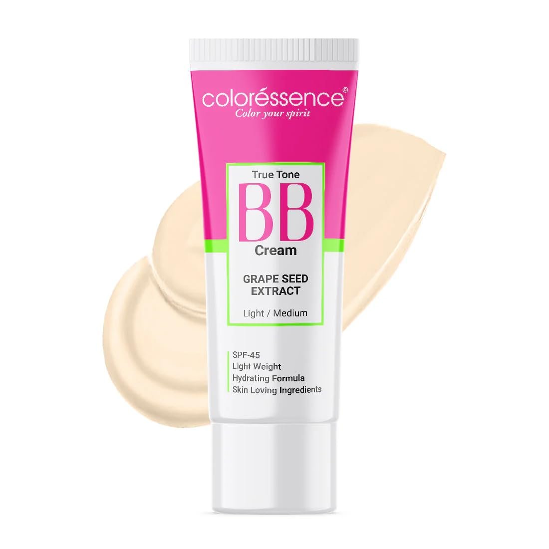 Coloressence True Tone BB Cream with SPF-45, Grape Seed, 30gm | Light/Medium Skin Tone | Lightweight | For All Skin Types | Hydrating Formula