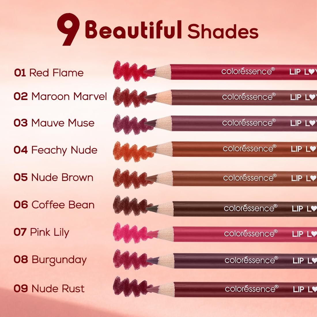 Coloressence Matte Lip Love Liner Pencil Kit, Multicolor, Pack of 9 Shades with FREE Sharpener | Long Lasting | Lightweight | Highly Pigmented | Enriched with Castor Oil & Vitamin E - Image 5
