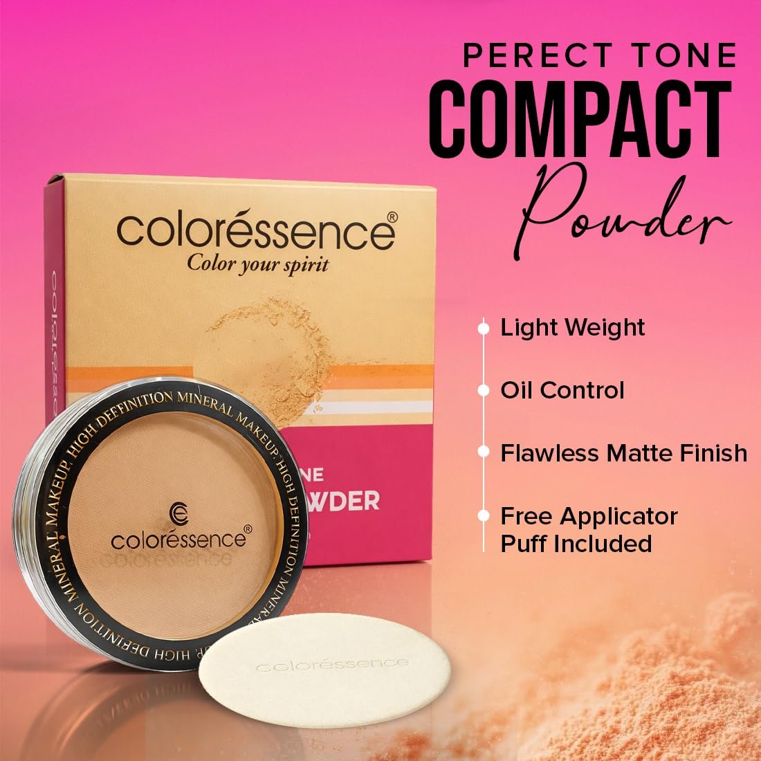 Coloressence Perfect Tone Compact Powder, Peach Ivory, 10gm with FREE Applicator Puff | For All Skin Types | Long Lasting | Lightweight | Waterproof | Sweatproof