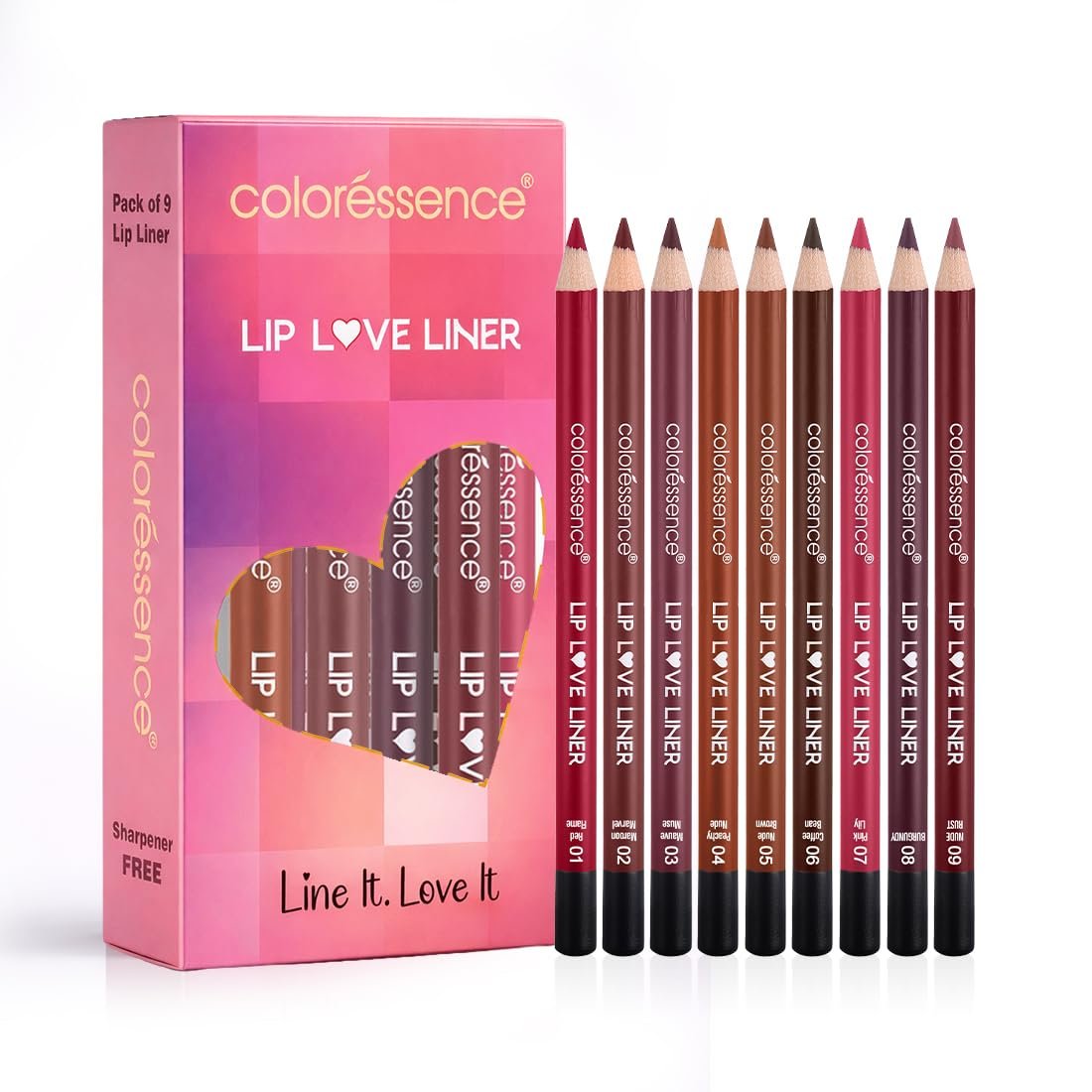 Coloressence Matte Lip Love Liner Pencil Kit, Multicolor, Pack of 9 Shades with FREE Sharpener | Long Lasting | Lightweight | Highly Pigmented | Enriched with Castor Oil & Vitamin E