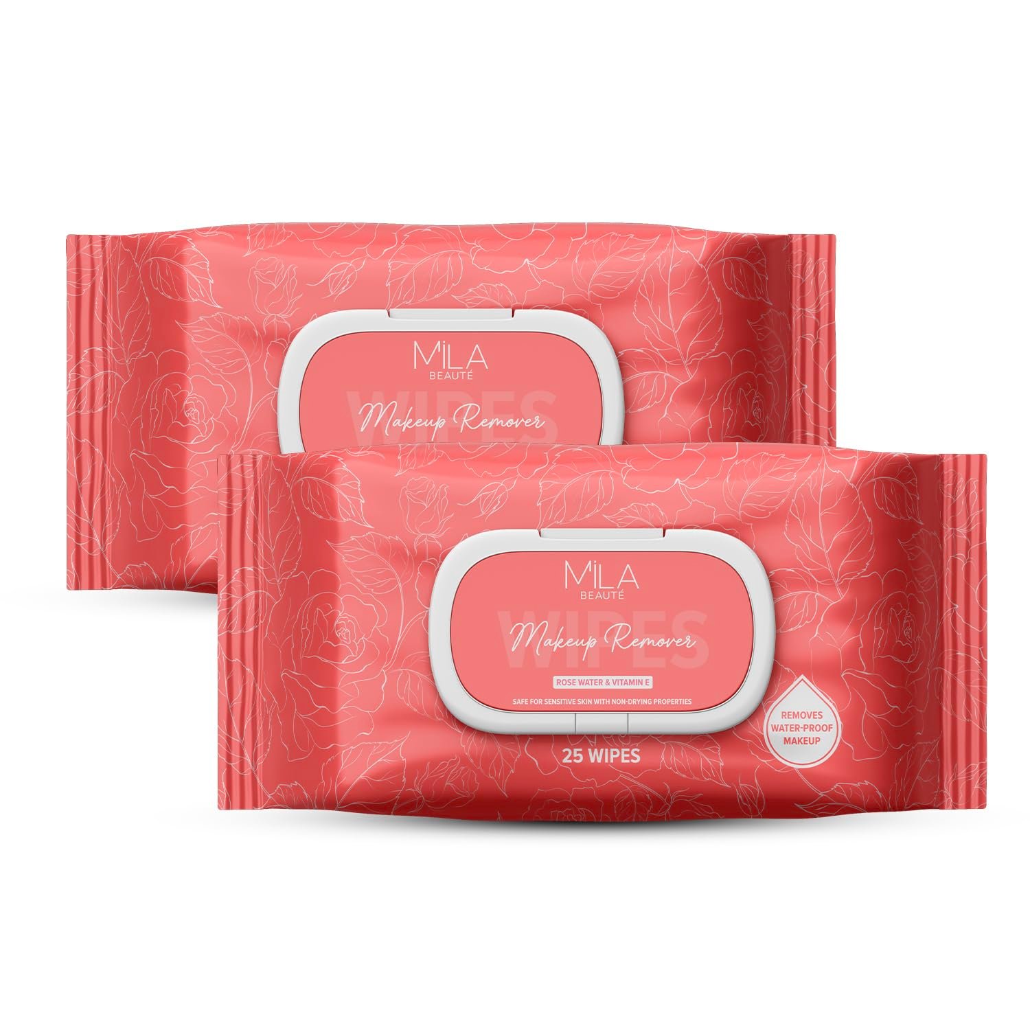 Mila Beauté Makeup Remover Wipes 25 Wipes Each – Pack of 2 | Hydrating & Refreshing Facial Wipes With Rosewater & Vitamin E | Removes Waterproof Makeup | Soothing Wet Wipes for Women | Suitable for All Skin Types