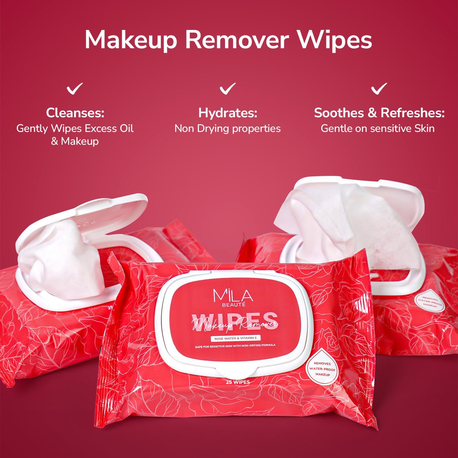 Mila Beauté Makeup Remover Wipes 25 Wipes Each - Pack of 2 | Hydrating & Refreshing Facial Wipes With Rosewater & Vitamin E | Removes Waterproof Makeup | Soothing Wet Wipes for Women | Suitable for All Skin Types - Image 3