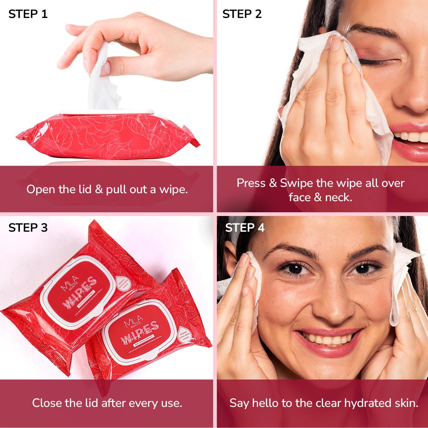 Mila Beauté Makeup Remover Wipes 25 Wipes Each - Pack of 2 | Hydrating & Refreshing Facial Wipes With Rosewater & Vitamin E | Removes Waterproof Makeup | Soothing Wet Wipes for Women | Suitable for All Skin Types - Image 6