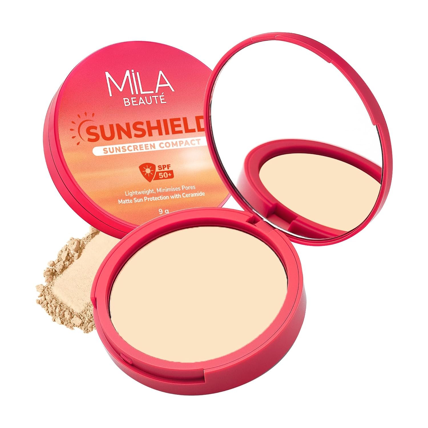 Mila Beauté Sun Shield Sunscreen Compact for Women | Spf 50 Pa+++ Uv Protection | Oil-free Pore Blurring Matte Finish | Niacinamide & Ceramides | Lightweight & Suitable for All Skin Types – (9g,1 Ivory )