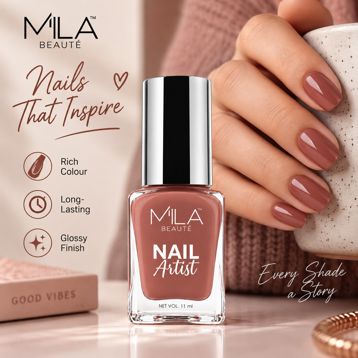 MILA Beauté Nail Artist Nail Polish, Warm Terracotta Brown Shade, Smooth & Elegant Nail Colour for Beautiful Salon-Look Nails, 11 ml