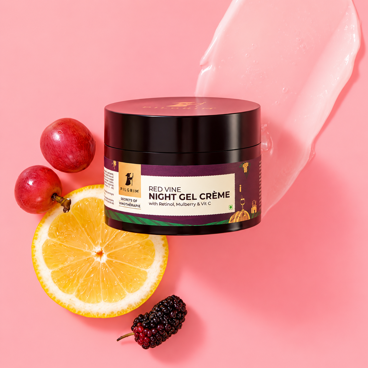 Pilgrim French Red Vine & Retinol Youthful Glow Night Gel Crème with Mulberry & Vitamin C | Lightweight Night Face Cream for Smoother, Brighter & Radiant-Looking Skin | Hydrating Gel-Crème | All Skin Types | 50 g