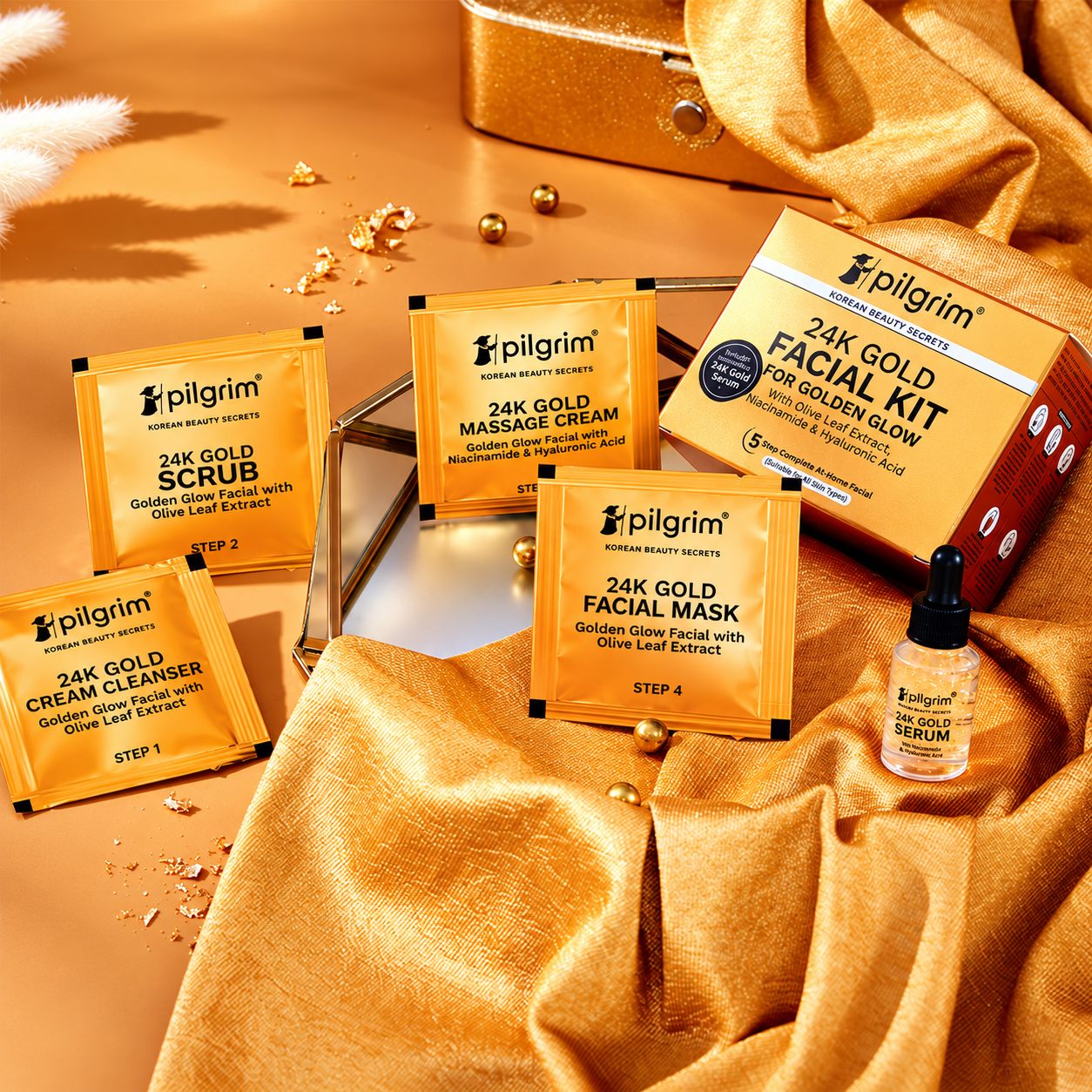Pilgrim 24K Gold Facial Kit for Golden Glow | 5-Step Facial Kit with 24K Gold, Niacinamide & Hyaluronic Acid | Cleanser, Scrub, Massage Cream, Facial Mask & Serum | Suitable for All Skin Types