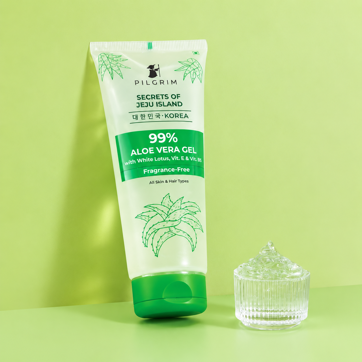 Pilgrim Secrets of Jeju Island 99% Aloe Vera Gel with White Lotus, Vitamin E & Vitamin B5 | Multi-Purpose Soothing & Hydrating Gel for Face, Body & Hair | Fragrance-Free | All Skin & Hair Types