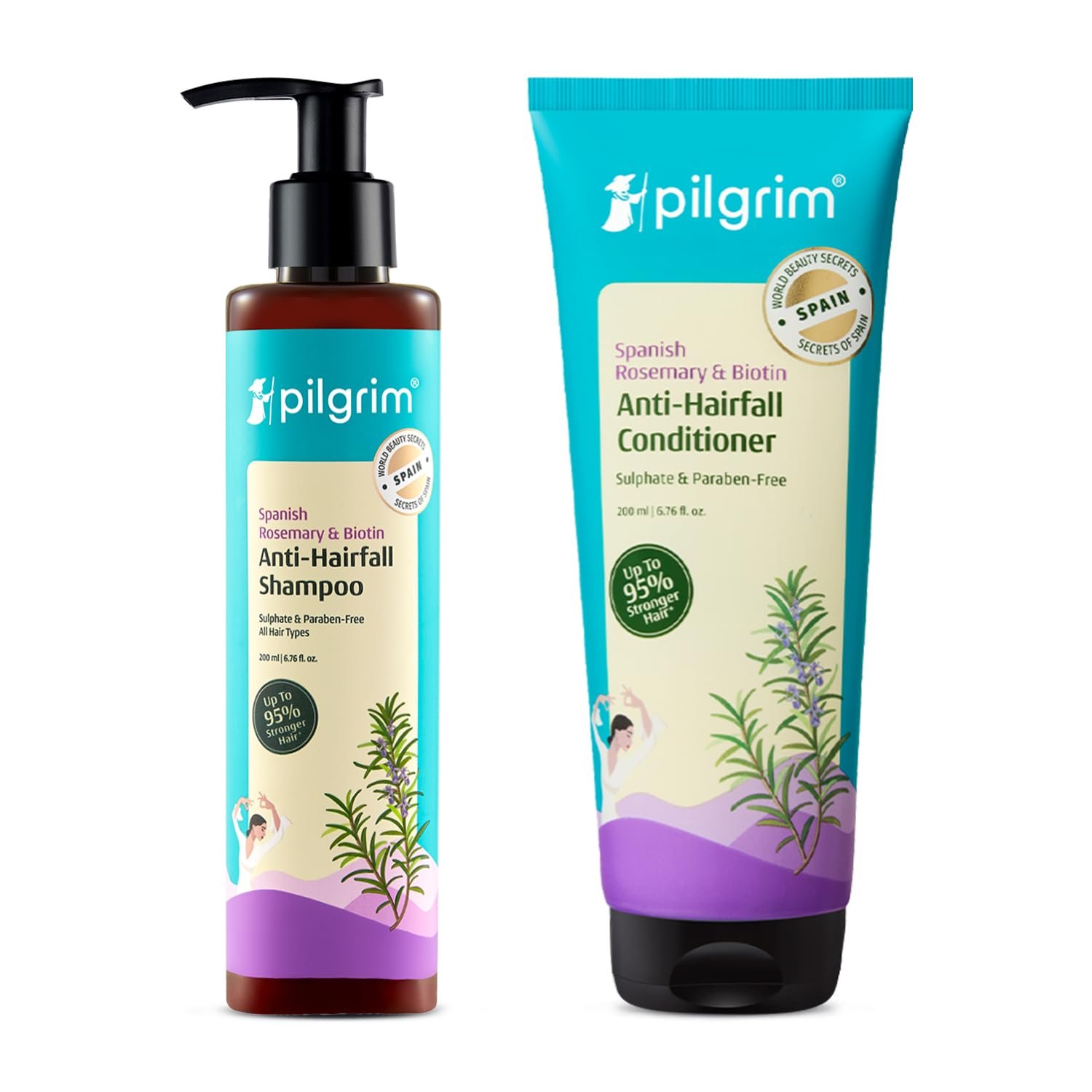 Pilgrim Spanish Rosemary & Biotin Anti Hairfall Shampoo & Conditioner Set | Hair Fall Control, Hair Growth & Breakage Repair | Strengthens Weak Hair Up To 95% | Rosemary Hair Growth Care