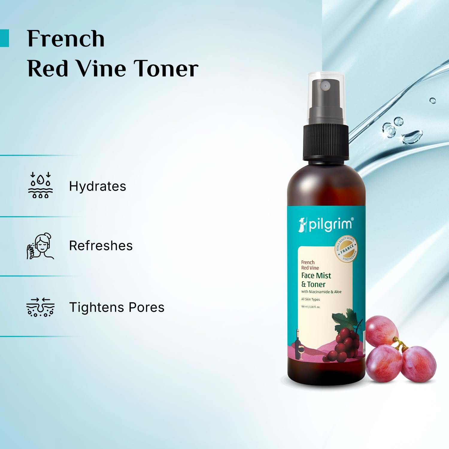 Pilgrim Alcohol Free Red Vine Face Toner Spray with Vitamin B3 and Aloe, Face Mist Spray For Anti Ageing, Glowing Skin, Dry, Oily Skin, Men & Women,100ml - Image 2