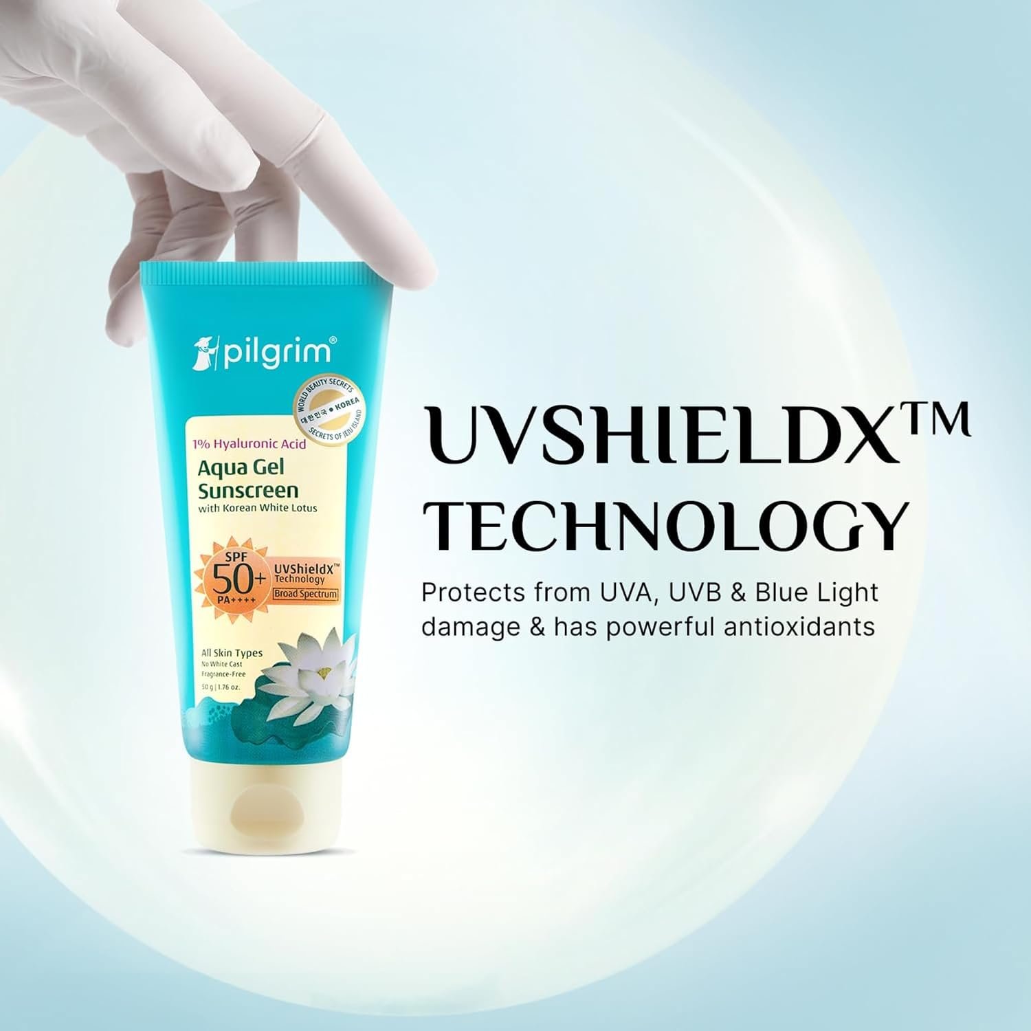 Pilgrim 1% Hyaluronic Acid Aqua Gel Sunscreen SPF 50+ PA++++ with Korean White Lotus | Lightweight Hydrating Sunscreen | Broad-Spectrum UVA & UVB Protection | No White Cast, Fragrance-Free & Non-Sticky | All Skin Types | 50 g - Image 2
