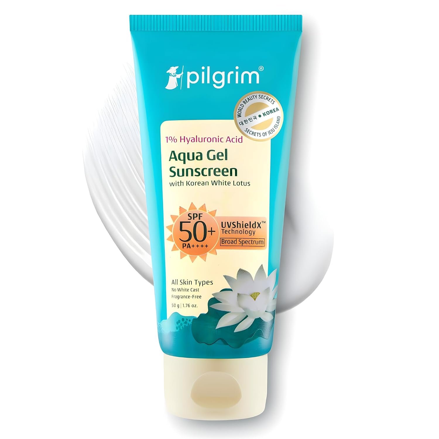 Pilgrim 1% Hyaluronic Acid Aqua Gel Sunscreen SPF 50+ PA++++ with Korean White Lotus | Lightweight Hydrating Sunscreen | Broad-Spectrum UVA & UVB Protection | No White Cast, Fragrance-Free & Non-Sticky | All Skin Types | 50 g