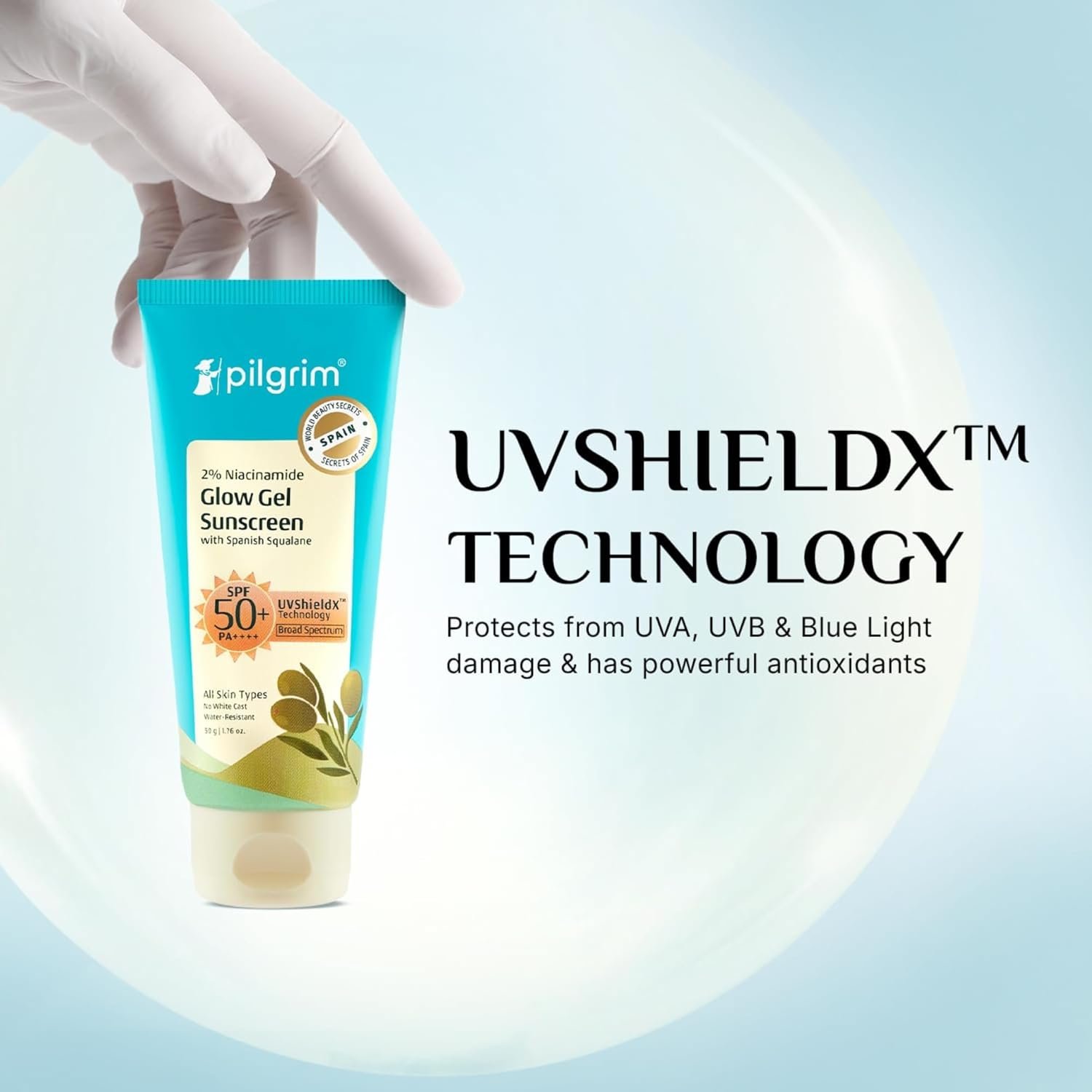 Pilgrim 2% Niacinamide Glow Gel Sunscreen SPF 50+ PA++++ with Spanish Squalane | Broad Spectrum Sun Protection with UVShieldX™ Technology | No White Cast, Water-Resistant | For All Skin Types | 50 g - Image 2