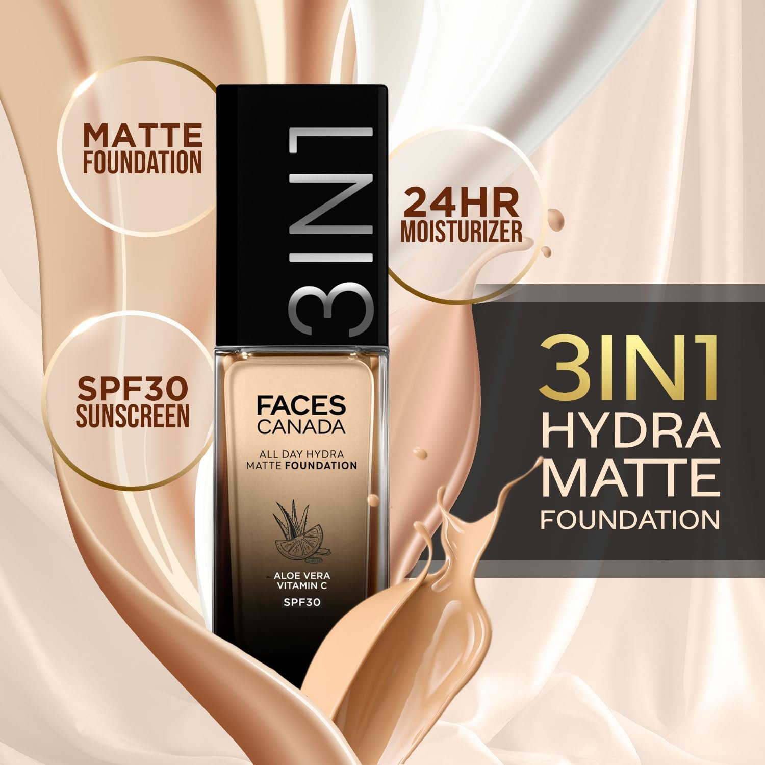 FACES CANADA All Day Hydra Matte Foundation | 3-in-1 Foundation + Moisturizer + SPF 30 | 24 HR Aloe Hydration & Vitamin C | 10HR Long Wear | Medium to High Buildable Coverage | Medium Natural 022 | 30ml