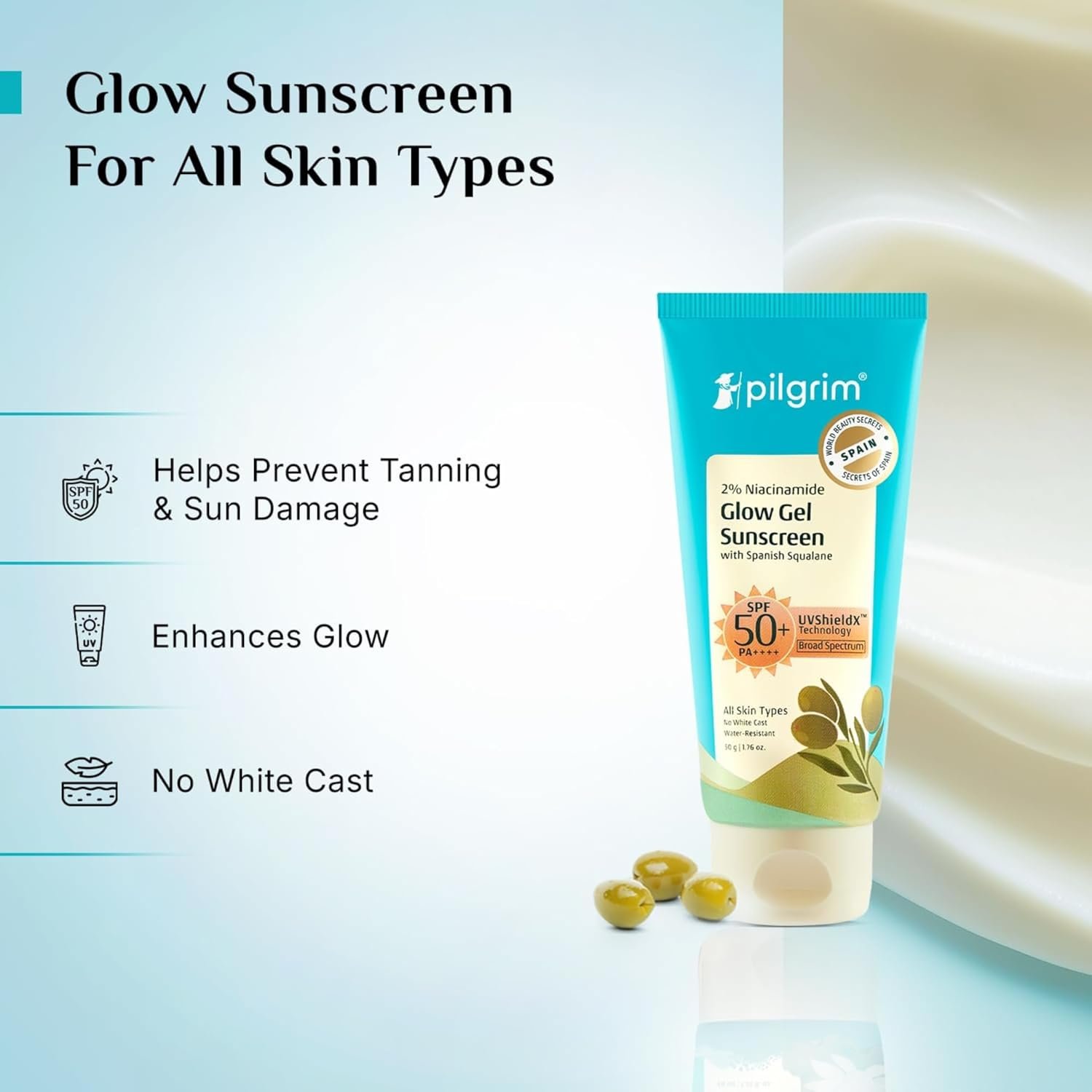 Pilgrim 2% Niacinamide Glow Gel Sunscreen SPF 50+ PA++++ with Spanish Squalane | Broad Spectrum Sun Protection with UVShieldX™ Technology | No White Cast, Water-Resistant | For All Skin Types | 50 g - Image 4
