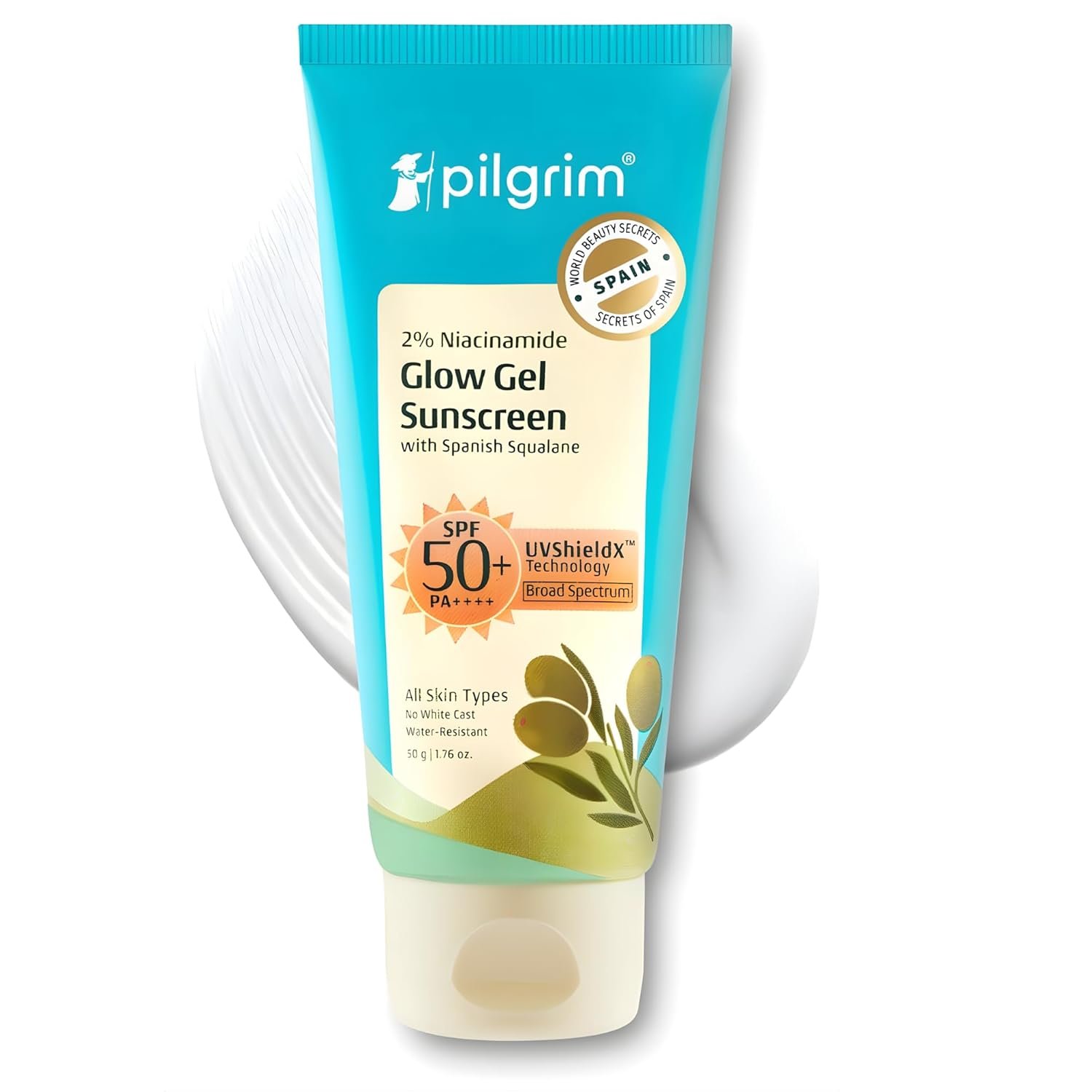 Pilgrim 2% Niacinamide Glow Gel Sunscreen SPF 50+ PA++++ with Spanish Squalane | Broad Spectrum Sun Protection with UVShieldX™ Technology | No White Cast, Water-Resistant | For All Skin Types | 50 g