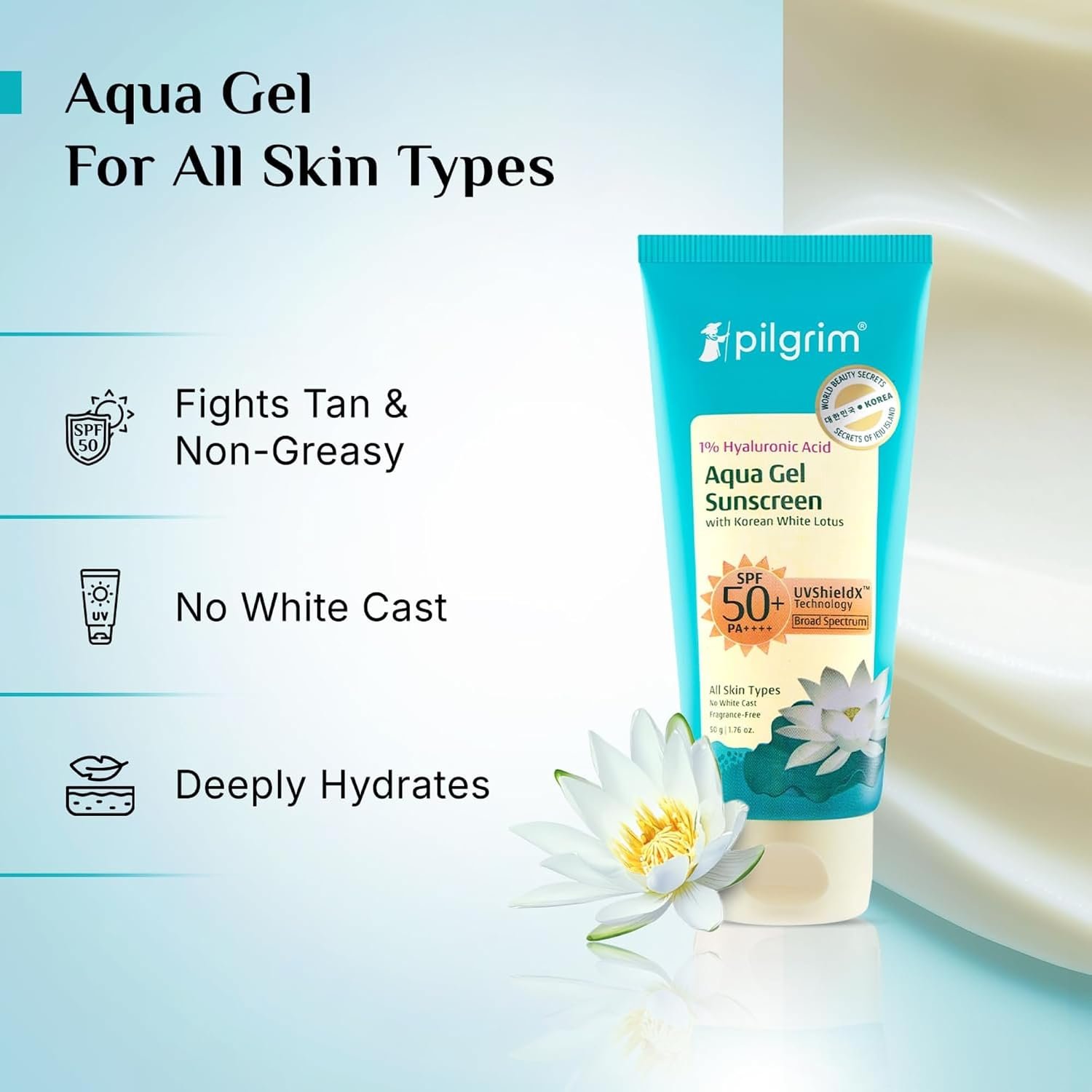 Pilgrim 1% Hyaluronic Acid Aqua Gel Sunscreen SPF 50+ PA++++ with Korean White Lotus | Lightweight Hydrating Sunscreen | Broad-Spectrum UVA & UVB Protection | No White Cast, Fragrance-Free & Non-Sticky | All Skin Types | 50 g - Image 4