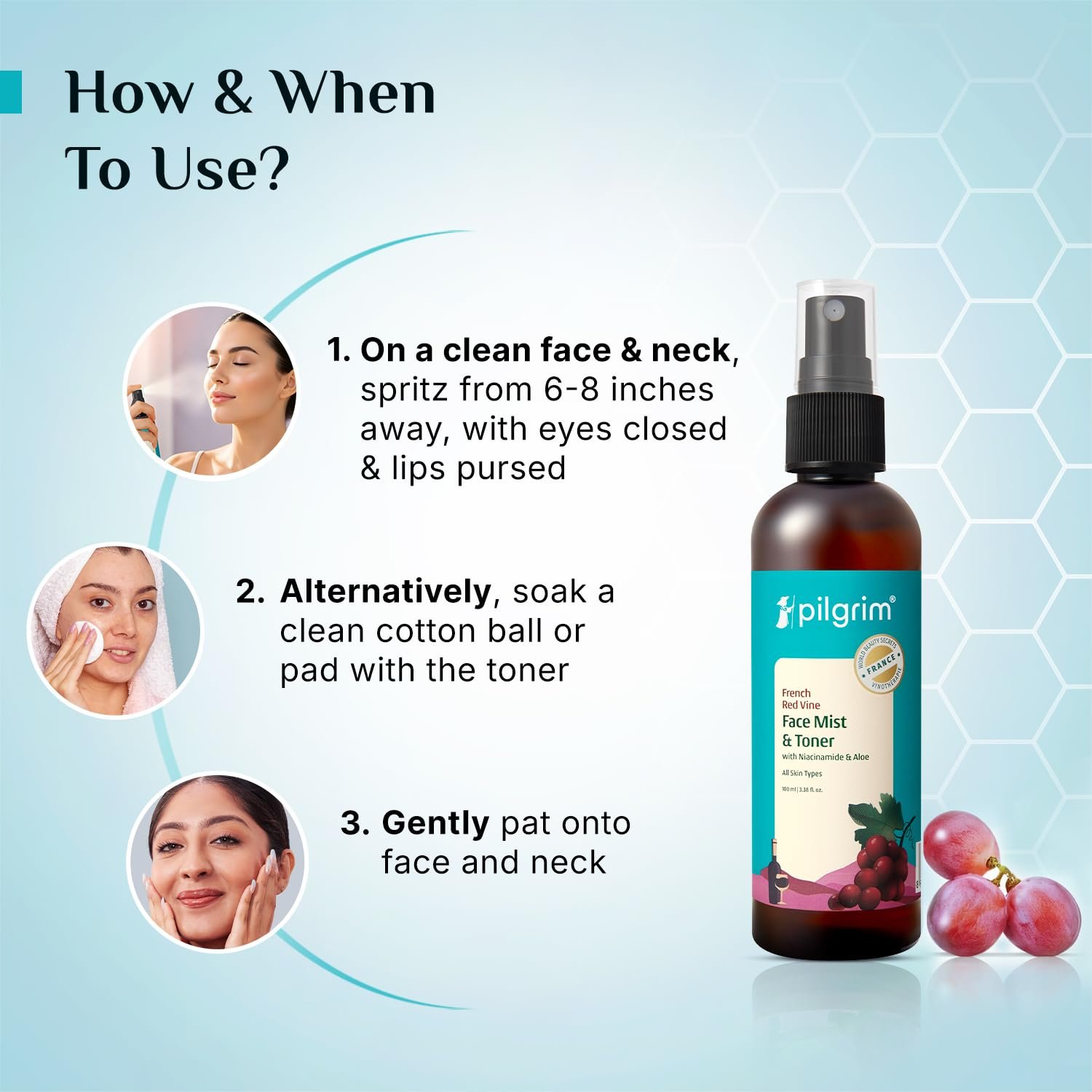 Pilgrim Alcohol Free Red Vine Face Toner Spray with Vitamin B3 and Aloe, Face Mist Spray For Anti Ageing, Glowing Skin, Dry, Oily Skin, Men & Women,100ml - Image 4