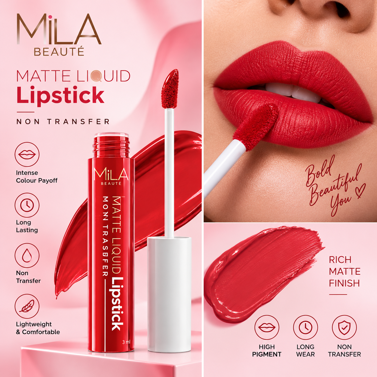 Mila Beauté Matte Liquid Lipstick | Non-Transfer | Matte Finish | With Vitamin E & Tea-Tree Oil