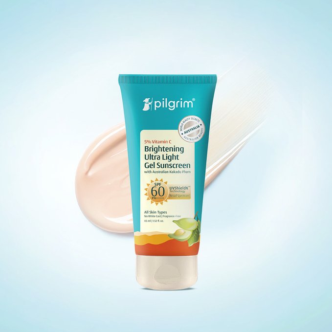 Pilgrim 5% Vitamin C Brightening Ultra Light Gel Sunscreen SPF 60 PA++++ with Australian Kakadu Plum | Broad-Spectrum UV Protection with UVShieldX™ Technology | Lightweight Gel Formula | No White Cast, Fragrance-Free | All Skin Types | 45 ml