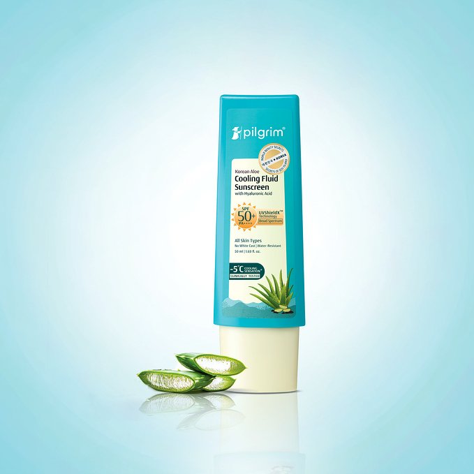 Pilgrim Korean Aloe Cooling Fluid Sunscreen SPF 50+ PA++++ with Hyaluronic Acid | Broad-Spectrum UVA & UVB Protection | Lightweight Water-Resistant Sunscreen with UVShieldX™ Technology | No White Cast | All Skin Types | 50 ml