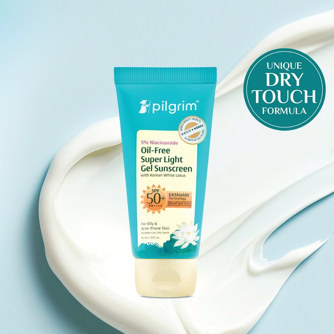 Pilgrim Oil-Free Super Light Gel Sunscreen SPF 50+ PA++++ with 5% Niacinamide & Korean White Lotus | Broad-Spectrum UV Protection with UVShieldX™ Technology | Dry Touch, No White Cast | For Oily & Acne-Prone Skin | 40 ml