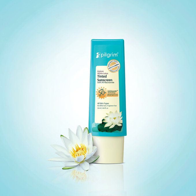 Pilgrim Korean White Lotus Tinted Sunscreen SPF 50+ PA++++ with 3% Niacinamide | No White Cast | Prevents Tanning & Brightens Skin Tone | UVA/B & Bluelight Protection | For All Skin Types – 50 ml